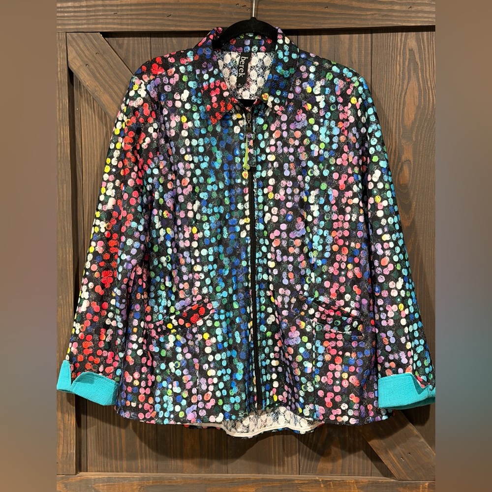 Berek Women’s Multicolor Dot Lace Pattern Zip Up Blazer Jacket Size XL